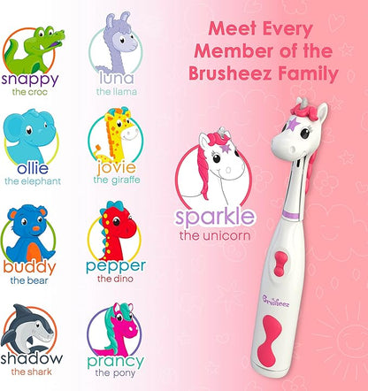 Brusheez Kids’ Electric Toothbrush Set - Safe & Effective for Ages 3+ - Parent Tested & Approved with Gentle Bristles, 2 Brush Heads, Rinse Cup, 2-Minute Timer, & Storage Base (Sparkle the Unicorn)