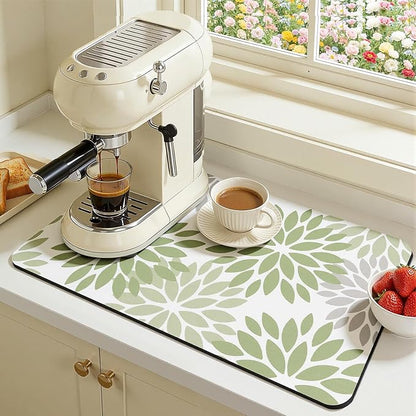 Findosom Floral Dish Drying Mat, 16" x 18" Super Absorbent & Hide Stain Coffee Mat, Cuttable Drying Mat for Kitchen Counter, Under Dish Rack, Coffee Maker, Espresso Machine, Sage Green