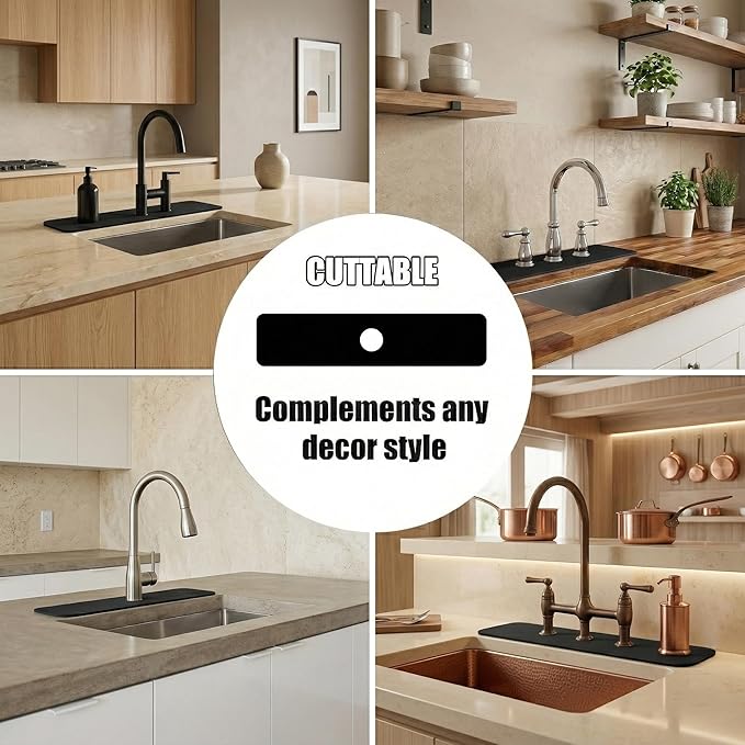 Customizable Kitchen Sink Faucet Mat: 24Lx5.5W Black Bathroom Counter Protector Drip Catcher - Splash Guard with Pre-Cut Center Hole, DIY to Fit Irregular Sink with 2, 3 Holes & Soap Dispenser