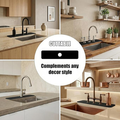 Customizable Kitchen Sink Faucet Mat: 24Lx5.5W Black Bathroom Counter Protector Drip Catcher - Splash Guard with Pre-Cut Center Hole, DIY to Fit Irregular Sink with 2, 3 Holes & Soap Dispenser