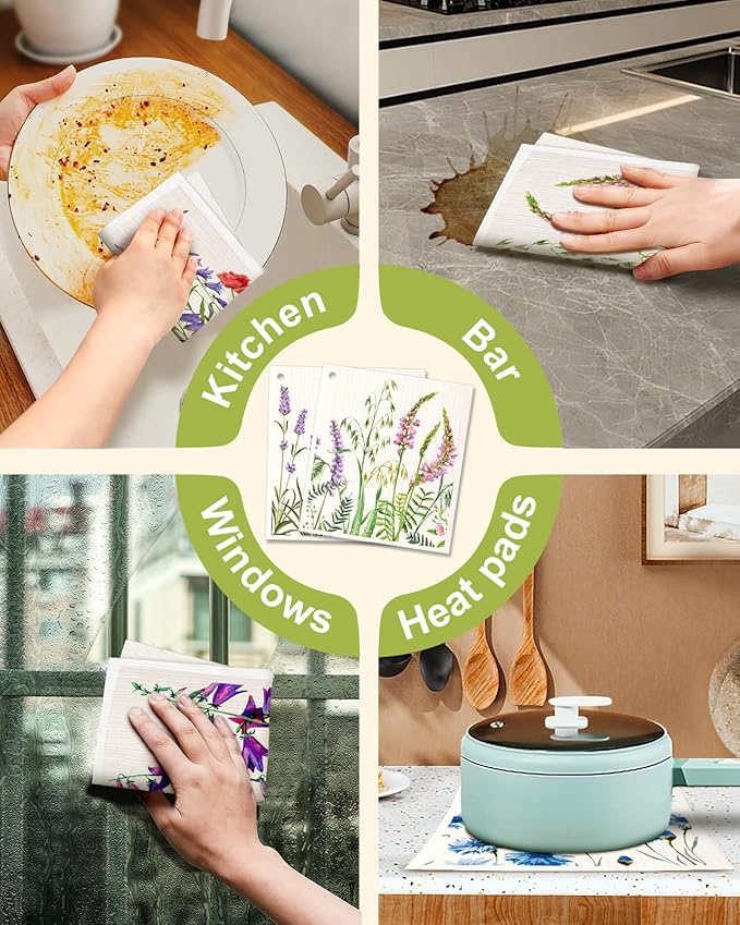 Miss Adola 6 Pack Swedish Dishcloths for Kitchen - Reusable Dish Cloths for Washing Dishes Absorbent Cute Funny Kitchen Towels Cleaning Sponge, Lavender Flower