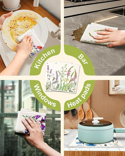 Miss Adola 6 Pack Swedish Dishcloths for Kitchen - Reusable Dish Cloths for Washing Dishes Absorbent Cute Funny Kitchen Towels Cleaning Sponge, Lavender Flower