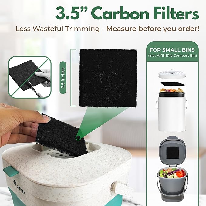 AIRNEX Compostable Trash Bags & Charcoal Filters for Compost Bucket Value Pack for Clean & Odorless Composting - 50 Pcs Compostable Trash Bags Small 1.6 Gal & 3 Pcs Compost Bin Filters Charcoal 3.5"