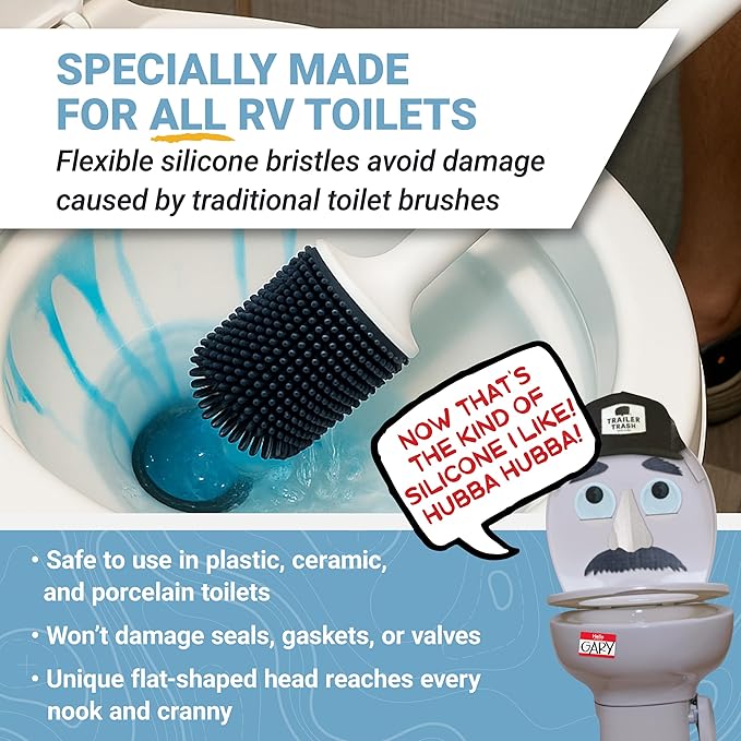 Unique RV Toilet Bowl Brush, Compact, Silicone Bristles, Won't Damage Toilets or Seals, Wall-Mount No-Drip Holder, Value Pack (Pack of 2)