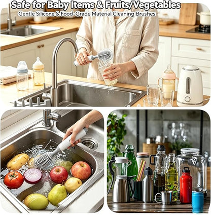 Electric Bottle Brush Set, 6-in-1 Electric Cleaning Brush with Waterproof Silicone Cleaner, 3 Replaceable Brush Heads, Straw Brush & Extension Rod, for Baby Feeding Supplies and Kitchen Utensils