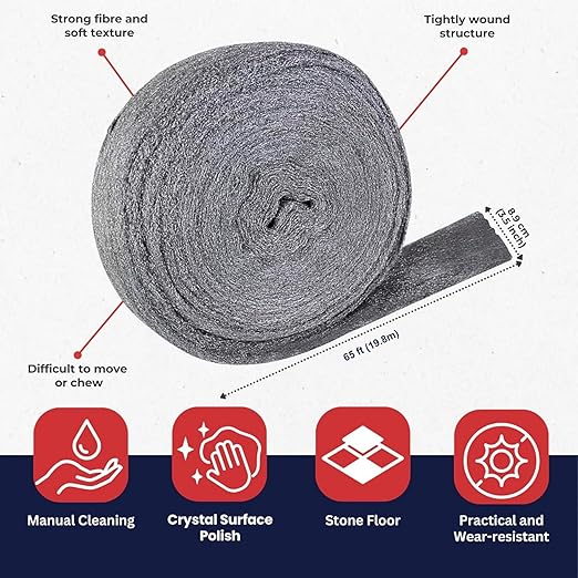 Steel Wool Reel - 3.5 in x 60 ft Fine Grade #0, Multi-Purpose Metal Protector, Rust Remover, Rodent Proofing Fabric Roll 2.5 lbs (1.13kg)