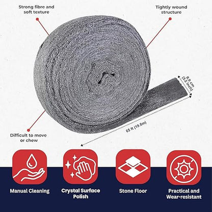 Steel Wool Reel - 3.5 in x 60 ft Fine Grade #0, Multi-Purpose Metal Protector, Rust Remover, Rodent Proofing Fabric Roll 2.5 lbs (1.13kg)