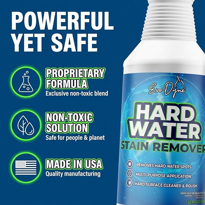 Evo Dyne Hard Water Stain Remover – Hard Water Spot Remover for Glass, Shower Doors, Tile & Bathroom Surfaces – Fiberglass Tub Cleaner & Fiberglass Shower Cleaner – 32oz