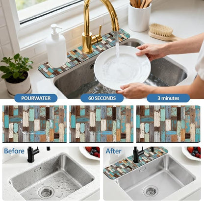 2 Pcs Flowers Kitchen Sink Splash Guard Faucet Mat Plants Floral Patterns Faucet Mat for Sinks Absorbing Drying Mats for Kitchen Bathroom, 23.6x5.5inch
