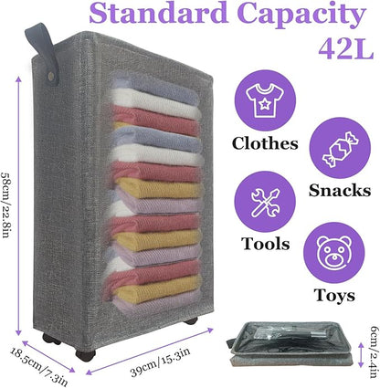 Slim Rolling Laundry Basket with Wheels, 42L Narrow Laundry Hamper with Mesh Drawstring Cover & Handles, Collapsible Dirty Clothes Bin for Small Spaces, Dorm, Apartment, Bathroom, Dark Grey