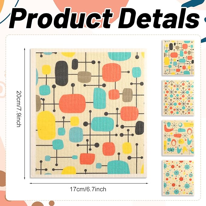 8 Pcs Swedish Dishcloths Kitchen Dish Towel Reusable Washable Kitchen Towels Nordic Nature Retro Mid-Century (Retro Atomic)