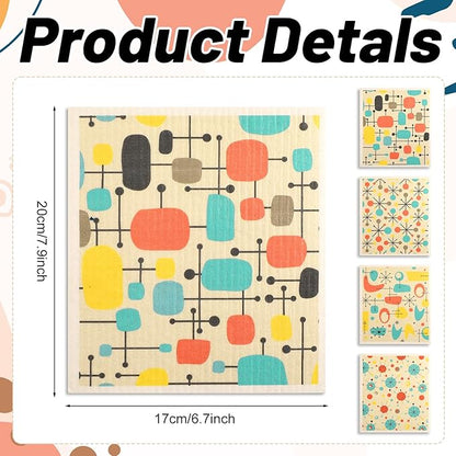 8 Pcs Swedish Dishcloths Kitchen Dish Towel Reusable Washable Kitchen Towels Nordic Nature Retro Mid-Century (Retro Atomic)