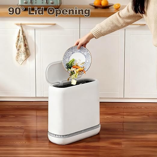 Spreezy Bathroom Trash Can with Lid, 2.3 Gallon/8.6 L Small Trash Can, Pneumatic Adhesion Style Garbage Can for Kitchen, Bedroom, Living Room, Office, Trash Bin Includes 5 Rolls of Trash Bags
