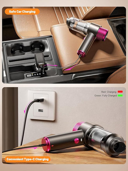 DRFLASH Car Vacuum, 16000PA Strong Suction Handheld Vacuum Cordless, 6-in-1 Portable Mini Car Vacuum Cleaner with LED Light, Type-C Fast Charging, Small Handheld Vac for Car Interior, Pet Hair, Home