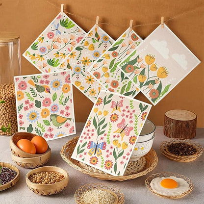 6 - Pack Swedish Kitchen Dish Cloths - Reusable Paper Towels for Counters & Dishes - Eco Friendly Cellulose Sponge Cloth (Broken Flowers)