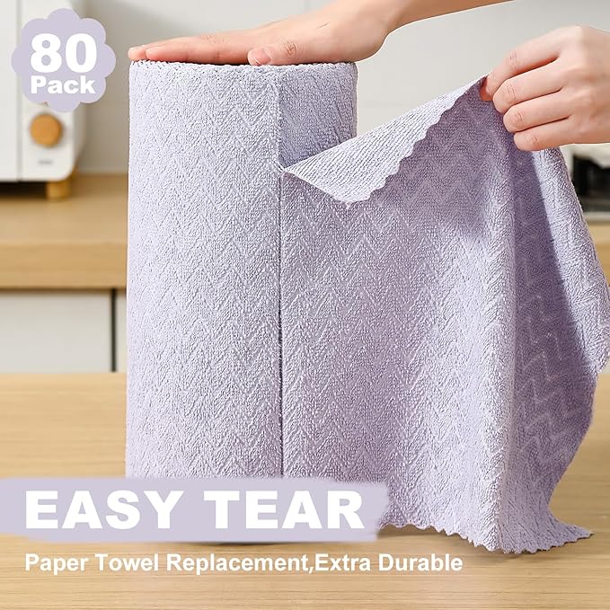 80 Pack Microfiber Cleaning Cloth Roll Reusable Paper Towels 12"x12" Tear Away Cloth,Absorbent Dish Rags for House Kitchen,Wash Cloths,Lint Free Rags for Window Cars Cleaning Supplies