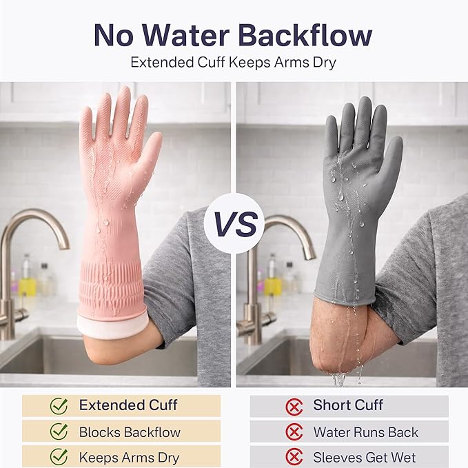 Cleaning Rubber Gloves, Waterproof Non-Slip Long Cuff Dishwashing Household Kitchen Gloves