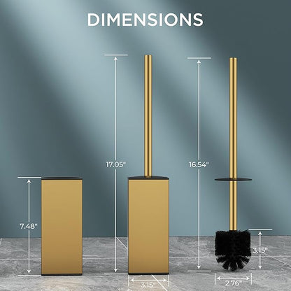 FORIOUS Toilet Brush and Holder Set, SUS304 Stainless Steel Square Base, Extended Long Handle, Drip-Proof & Space Saving, 2 Replaceable Brush Heads, Plastic & Silicone Dual Brush Head, Drak Gold