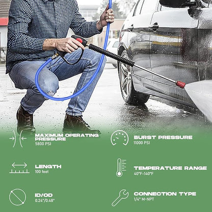Sewer Jetter Kit for Pressure Washer 100FT, 5800 PSI Water Jet Drain Cleaner Hose 1/4 Inch NPT Corner, Rotating and Button Sewer Jetting Nozzles, Waterproof Tape, Spanners, and Pearl Corsage Pin
