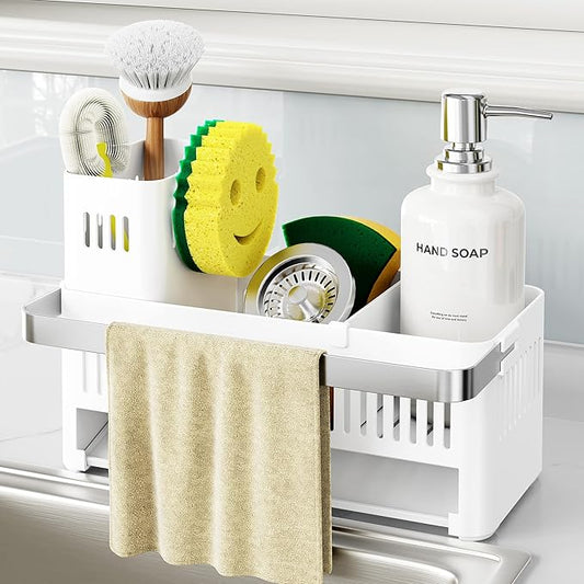 Nieifi Sponge Holder for Kitchen Sink, Sink Caddy with Towel Rack, Dish Sponge Holder, Brush Holder for Kitchen Sink Organizer Storage, White