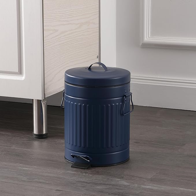 happimess HPM1018D Theo Retro 8-Gallon Step Trash Can with Soft-Close Lid and Free Mini Trash Can for Home, Kitchen, Bathroom, Living Room, Office, Denim Blue