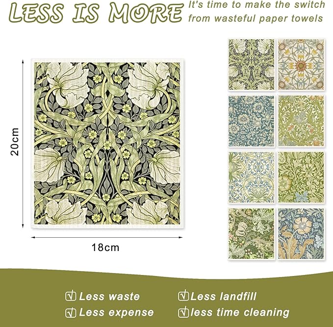 8 Packs Vintage Floral Swedish Dishcloths Blue Green Flower Kitchen Dish Towel Reusable Washable Cotton Kitchen Towels for Home Party Cleaning Housewarming, 7 x 8 Inch
