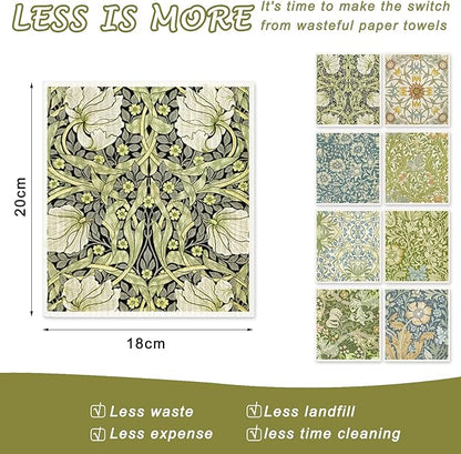 8 Packs Vintage Floral Swedish Dishcloths Blue Green Flower Kitchen Dish Towel Reusable Washable Cotton Kitchen Towels for Home Party Cleaning Housewarming, 7 x 8 Inch