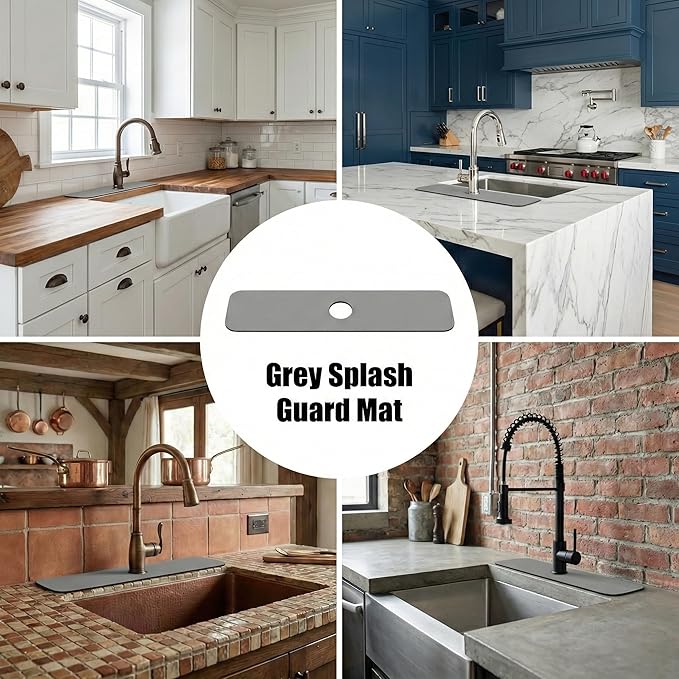 Customizable Kitchen Sink Faucet Mat: 30" Lx5.5 W Splash Guard, Pre-Cut Center Hole, Trimmable to Fit 2 & 3 Holes Faucet & Irregular Sink with Soap Dispenser - Bathroom Counter Protector Drip Catcher