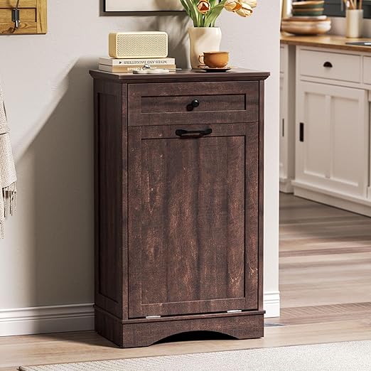AHB 13 Gallons Tilt Out Trash Cabinet Hidden Trash Can Cabinet Freestanding Garbage Recycling Cabinet with Hideaway Drawer Pet Proof Trash Bin for Kitchen Living Room, Brown