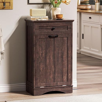 AHB 13 Gallons Tilt Out Trash Cabinet Hidden Trash Can Cabinet Freestanding Garbage Recycling Cabinet with Hideaway Drawer Pet Proof Trash Bin for Kitchen Living Room, Brown