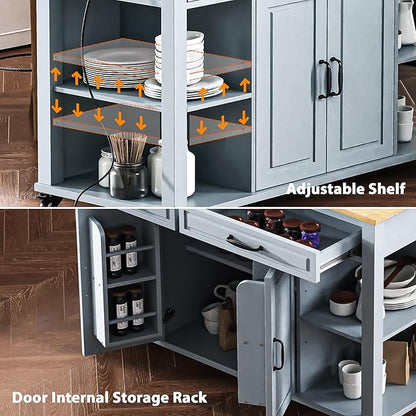 47" Kitchen Island with Extendable Dining Table, Movable Farmhouse Kitchen Islands with Storage Rack, Power Outlet, Island Table on Wheels with 2 Storage Drawers & 2 Cabinets, Grey Blue