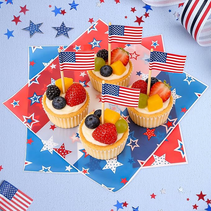 FOIMAS 150pcs Patriotic Wax Paper,9.8 x 9.8 Inch 4th of July Food Deli Paper Star Sandwich Basket Liner for Independence Day Picnic Patriotic Party Kitchen Supply