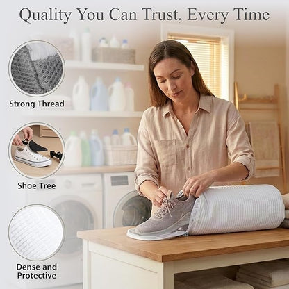 Shoe Washing Machine Bag, 2 Pcs Cylindrical Laundry Shoe Bag for Washer and Dryer with Adjustable Shoe Trees, 360 Deep Cleaning Sneaker Washing Bag with Zipper, Fits All Shoe Types and Sizes, White