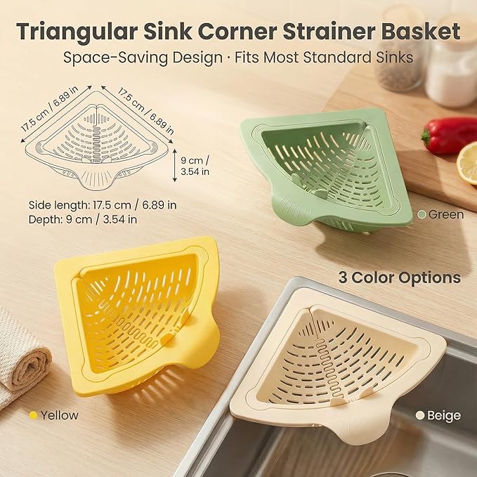 Magnetic Drainage & Filter Basket 2.0 Design, Corner Sink Strainer with Twist-Open Bottom, Triangular Drain Basket for Food Scraps & Rinsing Produce, Fits Metal Sinks (Green+White)