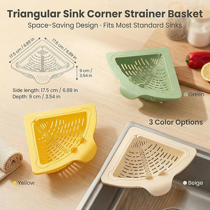 Magnetic Drainage & Filter Basket 2.0 Design, Corner Sink Strainer with Twist-Open Bottom, Triangular Drain Basket for Food Scraps & Rinsing Produce, Fits Metal Sinks (Green+White)