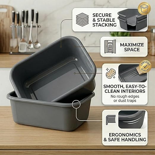 DecorRack 2 Plastic Wash Basins, Large 10 Quart Graduated Bucket, Portable Washbasin for Washing, Cleaning, Foot Bath, Dishes, Face Cleansing Bowl, Gray (2 Pack)