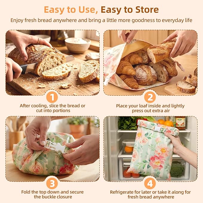 2 Pack Beeswax Bread Bags for Homemade Bread, Includes 2 Wraps, Reusable Organic Cotton Storage for Sourdough & Baguettes, Keep Fresh, Easy to Clean, Ideal for Bakers, Kitchen, Travel