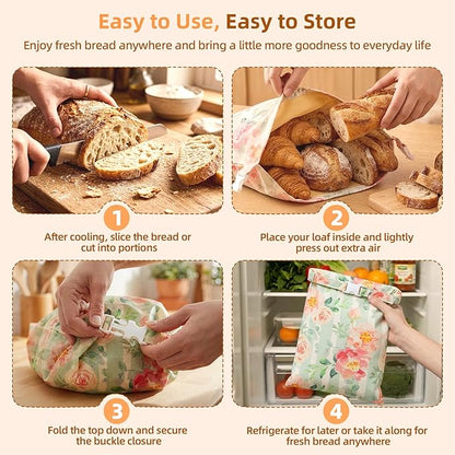 2 Pack Beeswax Bread Bags for Homemade Bread, Includes 2 Wraps, Reusable Organic Cotton Storage for Sourdough & Baguettes, Keep Fresh, Easy to Clean, Ideal for Bakers, Kitchen, Travel