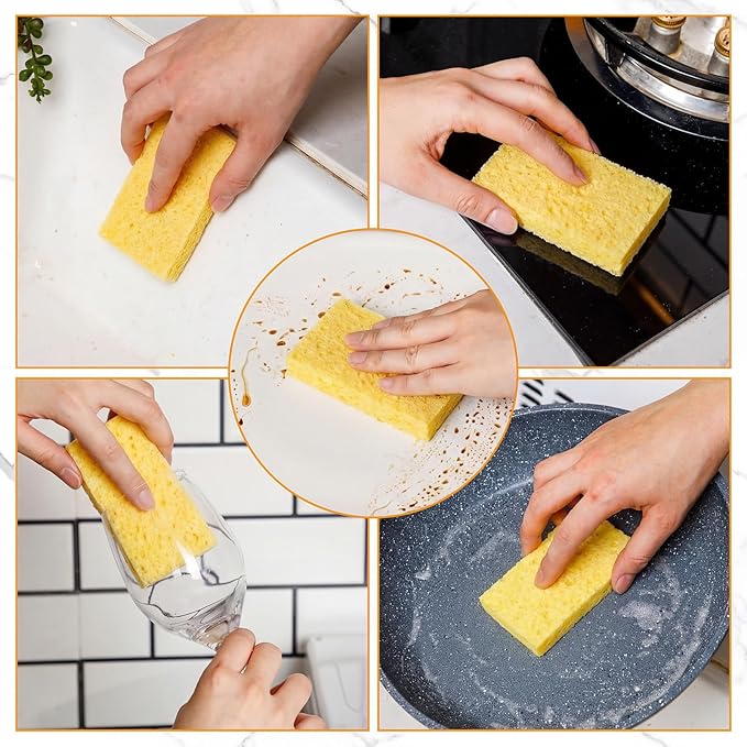Zhengmy 48 Pieces Sponges Bulk Sponges Kitchen Compressed Sponge Natural Dish Sponge Compressed Wood Pulp Cleaning Without Scratching for Kitchen Bathroom, 3.9 x 2.4 x 0.12 Inch (Yellow)