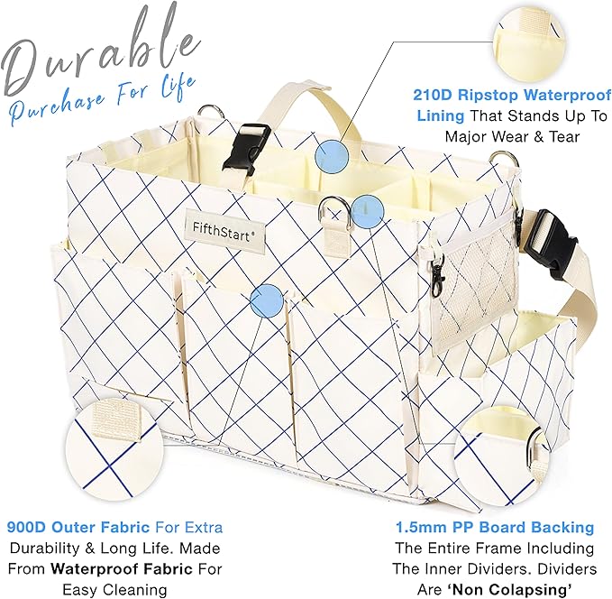 Cleaning Caddy for Cleaning Supplies - Large Cleaning Bag Organizer Tote with Shoulder Strap, Mesh Base & Adjustable Dividers - Heavy Duty Cleaning Bags for Housekeepers (Blue Check, Large)