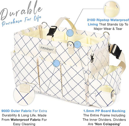 Cleaning Caddy for Cleaning Supplies - Large Cleaning Bag Organizer Tote with Shoulder Strap, Mesh Base & Adjustable Dividers - Heavy Duty Cleaning Bags for Housekeepers (Blue Check, Large)
