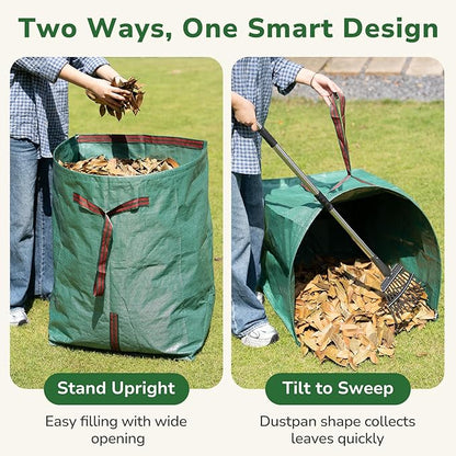 GreatBuddy Leaf Rake and Leaf Bags Combo, Adjustable Metal Garden Rake 29''-72'' 11 Tines, 2 Pack 53 Gallon Reusable Yard Waste Bags, Heavy Duty Lawn Rake with Dustpan Leaf Collector for Yard Cleanup