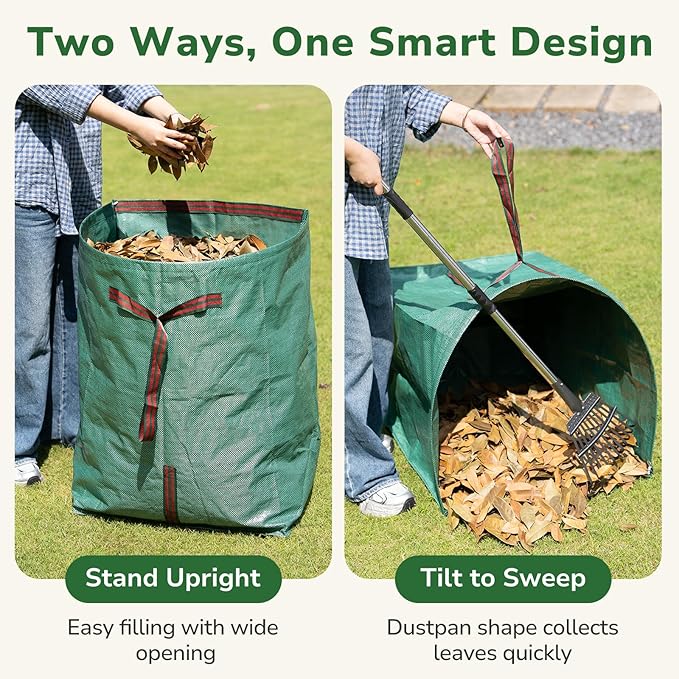 GreatBuddy Leaf Rake and Leaf Bags Combo, Adjustable Metal Garden Rake 29''-72'' 11Tines, 2 Pack 72 Gallon Reusable Yard Waste Bags, Heavy Duty Lawn Rake with Dustpan Leaf Collector for Yard Cleanup