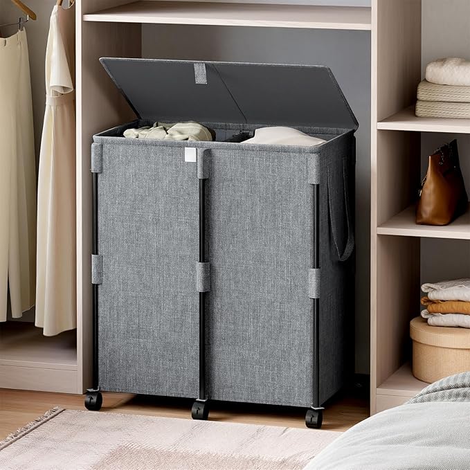 140L Double Laundry Hamper with Lid and 6 Wheels, Rolling Laundry Basket with 2 Removable Bags, Heavy Duty Metal Frame Clothes Cart, 2-Section Laundry Sorter for Bedroom, Bathroom (Grey)