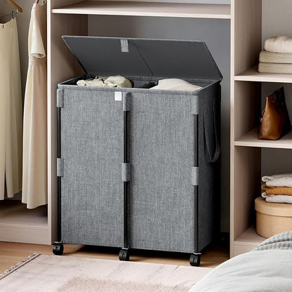 140L Double Laundry Hamper with Lid and 6 Wheels, Rolling Laundry Basket with 2 Removable Bags, Heavy Duty Metal Frame Clothes Cart, 2-Section Laundry Sorter for Bedroom, Bathroom (Grey)