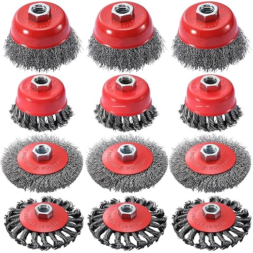 12 Pack Wire Wheel for Angle Grinder, 4-1/2" Heavy Duty Carbon Steel Knotted Wire Brush, 5/8"-11 Arbor, Rapid Rust Removal & Polishing, Angle Grinder Wheel Brush Combo Set
