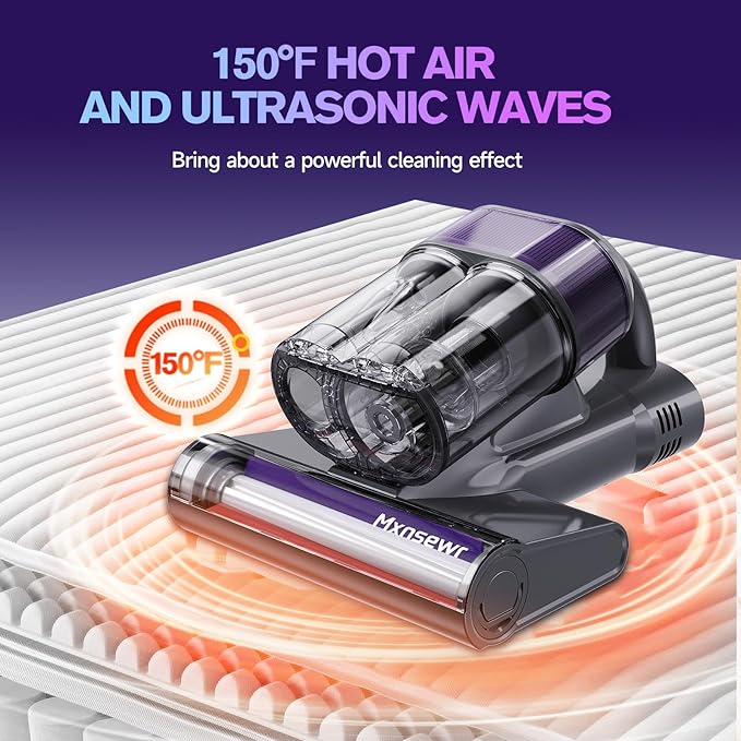 Mxnsewr Mattress Vacuum Cleaner, Ultrasonic Bed Vacuum Cleaner with 18Kpa Strong Suction, 150°F Heat & 253.7nm UV-C Light, Intelligent Dual Cup, One-Click Dust Removal for Bed, Sofa, Pet Hair, Gray