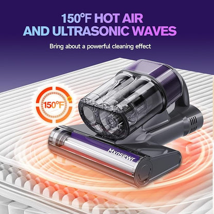 Mxnsewr Mattress Vacuum Cleaner, Ultrasonic Bed Vacuum Cleaner with 18Kpa Strong Suction, 150°F Heat & 253.7nm UV-C Light, Intelligent Dual Cup, One-Click Dust Removal for Bed, Sofa, Pet Hair, Gray