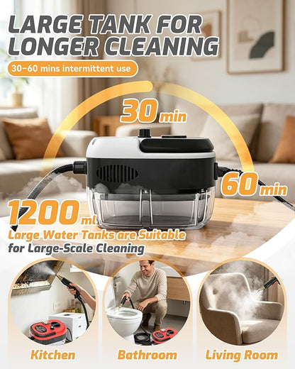 5-in-1 221°F Pressurized Handheld Steam Cleaner for Home, Car, Tile, Grout, Kitchen Cleaning, Glass, 2500w Handheld High-Temperature Pressurized Steam Cleaner with 6 Levels & 1.2L Tank (Red)