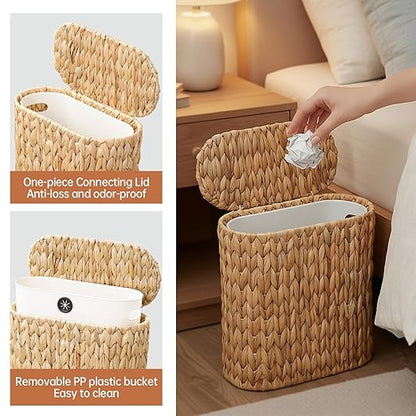 Coeusy Wicker Bathroom Trash Can with Lid,Narrow Rattan Waste Basket with Removable Liner Bucket,Slim Woven Water Hyacinth Garbage Can for Bedroom,Office,Small Spaces,3 Gallon